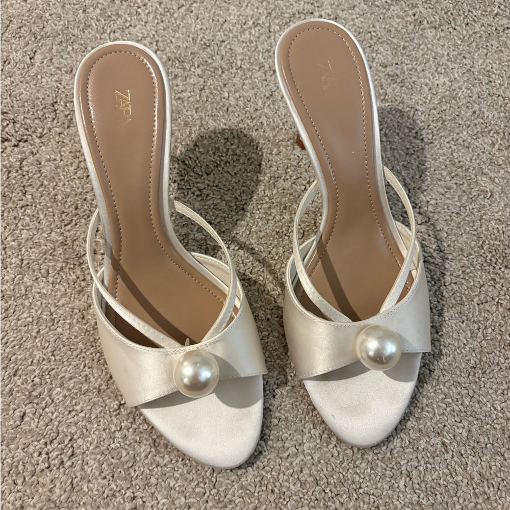 White Zara Pearl Heeled Sandal